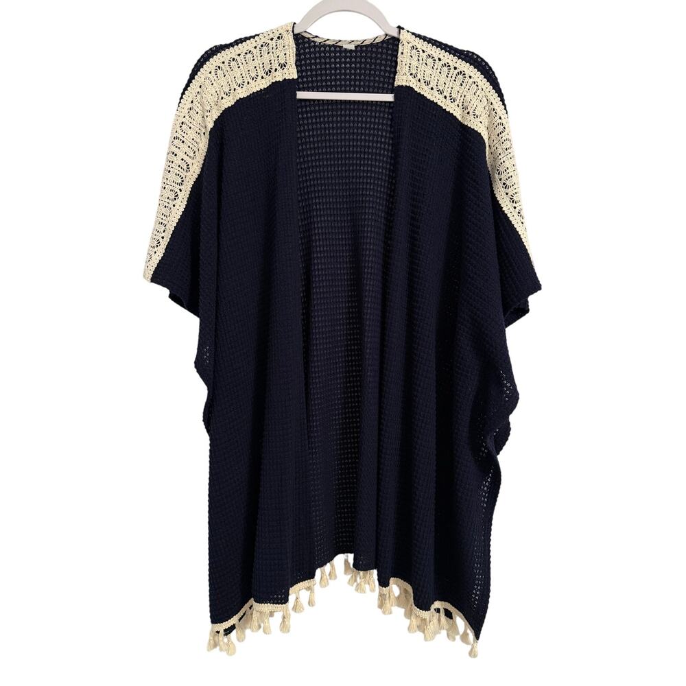 Womens OSFM Chic Nautical Navy Waffle Knit Crochet Cream Cardigan Kimono Tassels